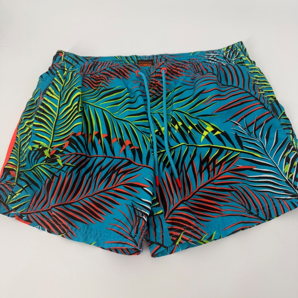 Sundek Mens Tropical Palm Leaf Swim Trunks Blue Orange Mesh‎ Lined Size Medium